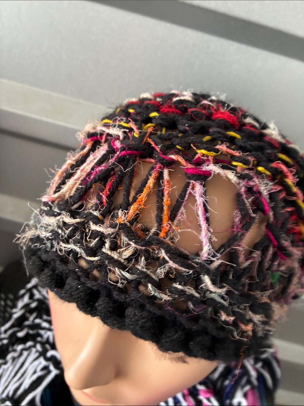 Multicolor Open-Weave Knit Beanie - Black with Pink & Orange Accents